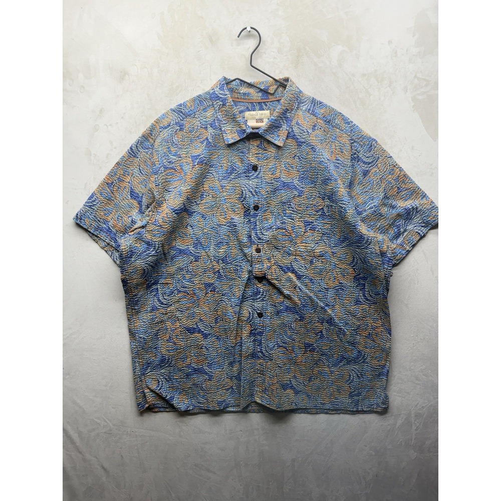 Territory Ahead Mens XXL Button Up Shirt Seersucker Cotton Hawaiian Floral Blue